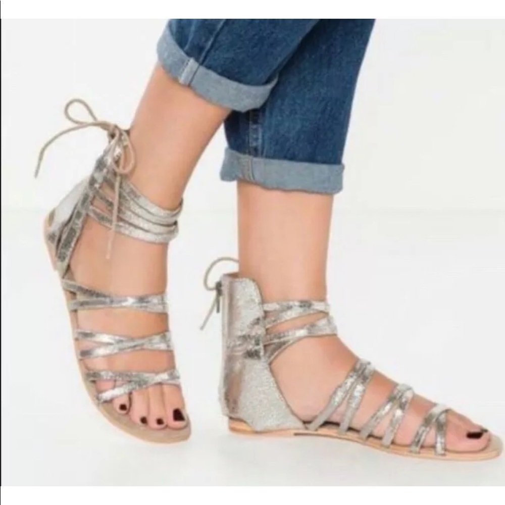 Free People Metallic Silver Sandals Leather New 38